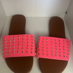 Hot Pink Studded Leather Non Slip Slide On Sandal 