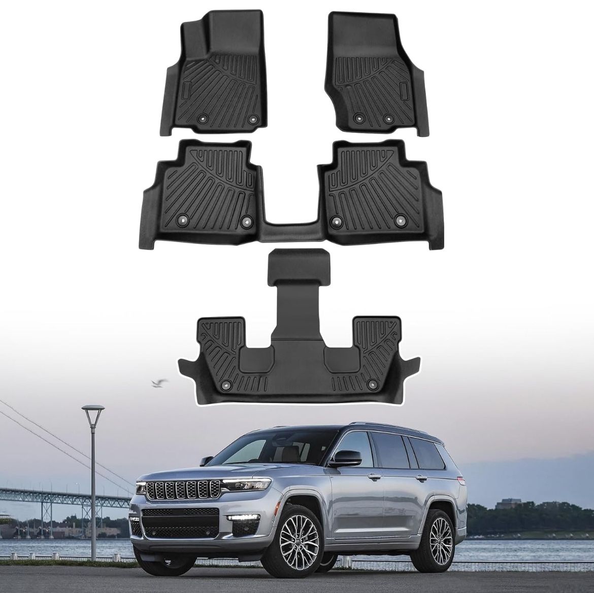 Powerty Floor Mats for 2021-2023 2024 Jeep Grand Cherokee L 6 Seats Accessories All Weather Floor Liner 3D TPE 3rd Row Floor Mat Heavy-Duty Floor Line