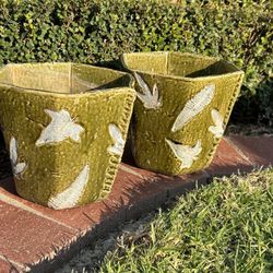 Vintage Pair 2 Maple Leaf Artisan Hand crafted pottery Planter Pots Vase Glazed Flowers Trees Succulent Vase Mid Century Green MCM Hand Painted Retro 