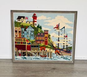 Vintage Seaside Embroidery Needlework Seaside Lighthouse Boat Village 18” x 21.5