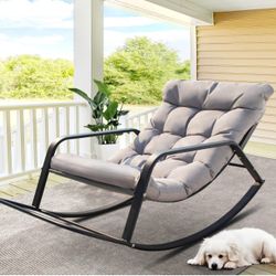 Large Padded Outdoor Rocking Chair, Oversized Patio Metal Lounge Rocker with Cushion, 450lbs Comfy Papasan Glider Chairs with Footrest for Porch, Balc