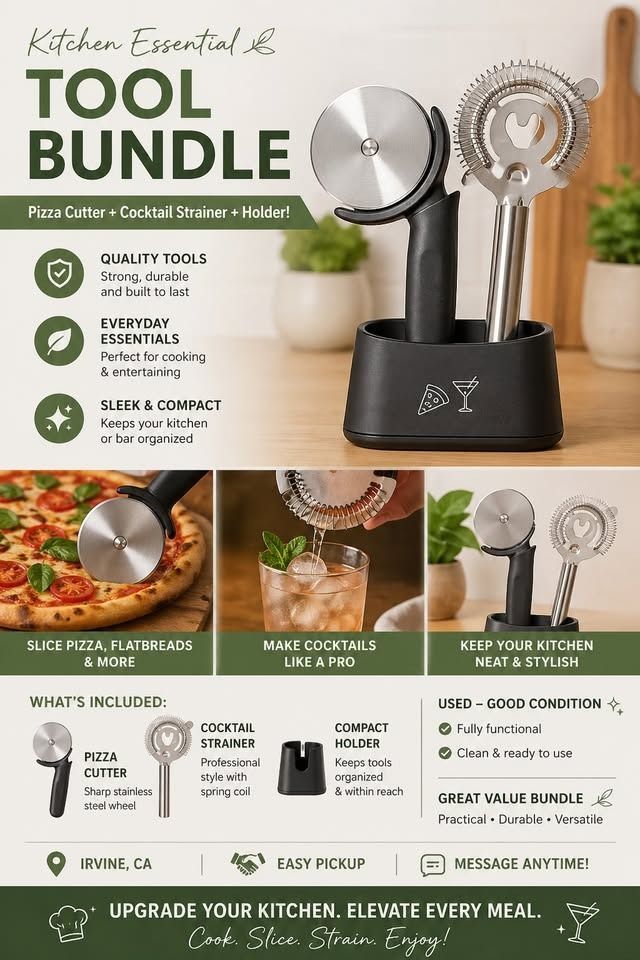 ๐๐ธ Kitchen Tool Bundle โ Pizza Cutter + Cocktail Strainer + Holder!