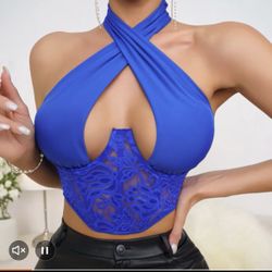 Cross Halter Top, Blue, New M