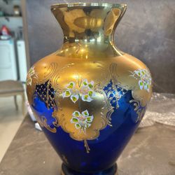 Tre Fuochi Italian Venetian Murano Glass Bohemian Cobalt Blue Gold Floral Vase
