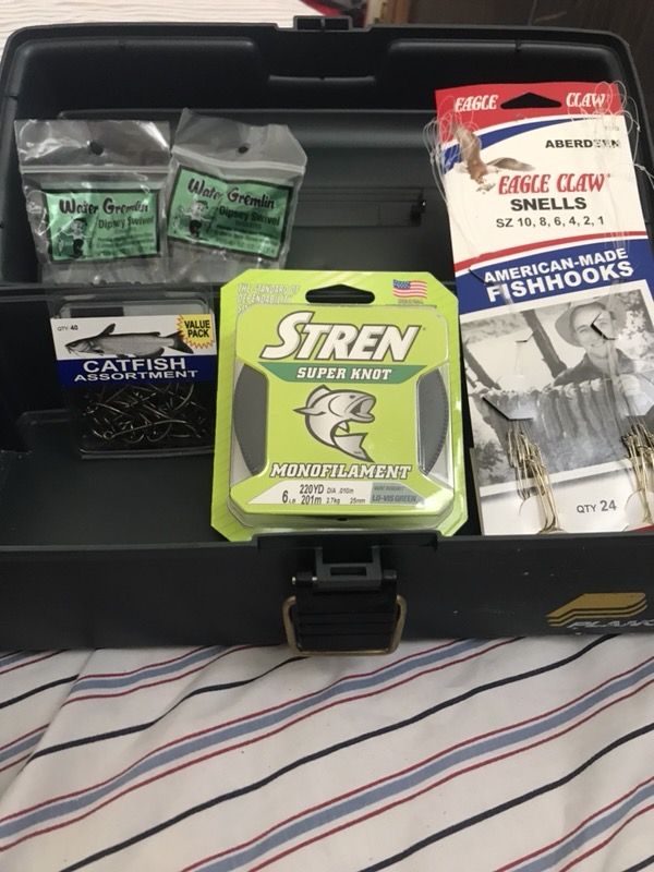 Fishing tackle box hooks fishing line catfish hooks etc.