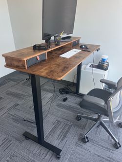 Electric Height Adjustable Standing Desk with Monitor Riser – Rustic Wood Finish
