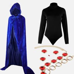 Women's Halloween Cosplay Costume Cape Long Sleeve Bodysuit Hooded Cloak w/ Gem XL