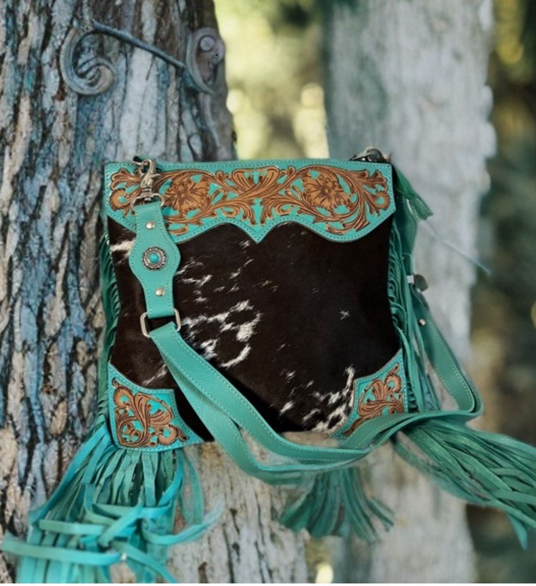 💋New Release Myra Bag Western Turquoise Fringe Cowhide Tooled Leather Crossbody