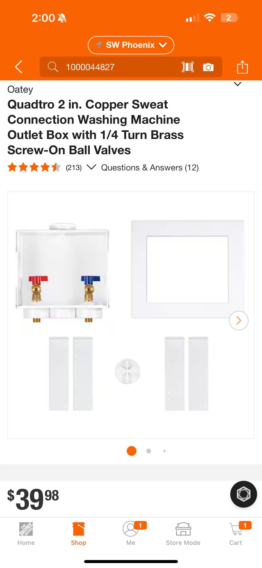 Quadtro 2 in. Copper Sweat Connection Washing Machine Outlet Box with 1/4 Turn Brass Screw-On Ball Valves