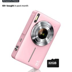 New Digital Camera, FHD 1080P Digital Point and Shoot Camera with 16X Zoom Anti Shake, 32GB Card, Compact Small Camera for Boys Girls Kids, Pink