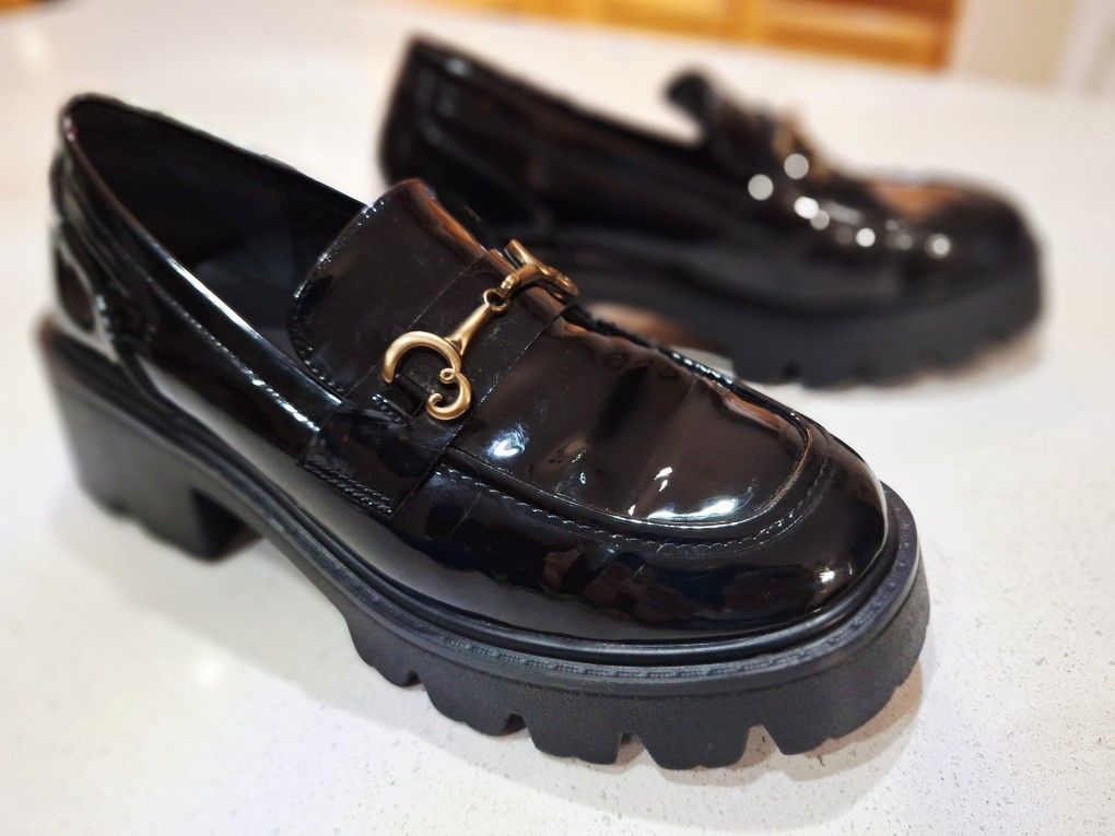 Wednesday Addams Cosplay Gothic Steampunk Black Leather Platform Slip-On Chunky Loafers Size 10W