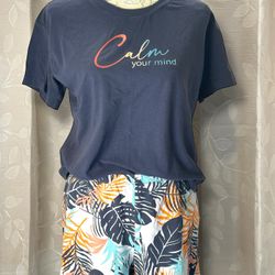 Ambrielle Sleepwear Set Small Navy Tee Tropical Print Ruffle Shorts Lounge