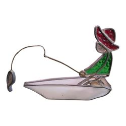 Vintage Stained Glass Fisherman In Boat Sculpture Suncatcher