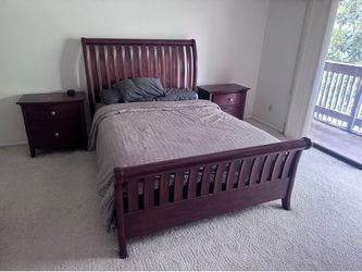 Solid wood sleigh bed frame with mattress