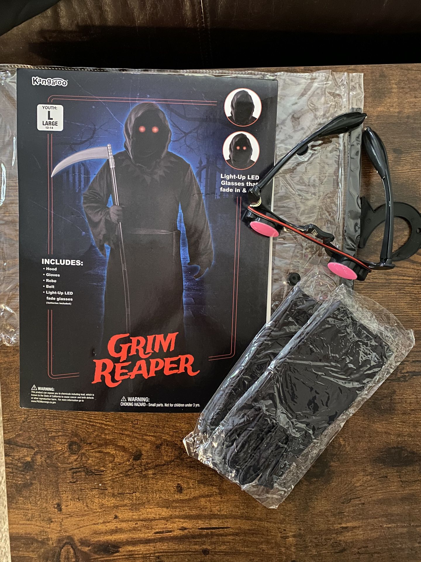 Grim Reaper Halloween Costume with LED Light-Up Red Eyes - Kids Youth L12-14