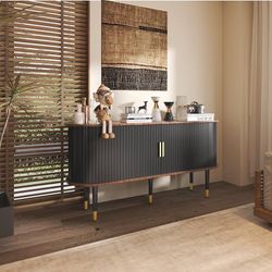 54" Sideboard Tambour Storage Cabinet,Modern Curved Reeded TV Stand with Adjustable Shelf, Buffet Cabinet with Fluted Slide Doors,Tambour Bar Console 