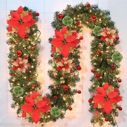 Christmas Garland w Lights and Flowers