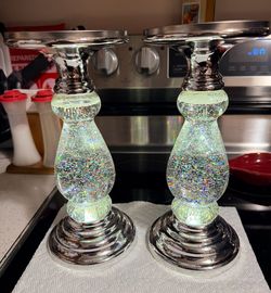 Bath and body works sparkly light up motion spinning pedestal candle holder x2