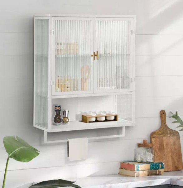 Going Out Of Business Sale 
BRAND NEW 
I23.62" Glass Door Wall Cabinet with 2-Tier Enclosed Storage, Open Shelves and Towel Rack, White - ModernLuxe