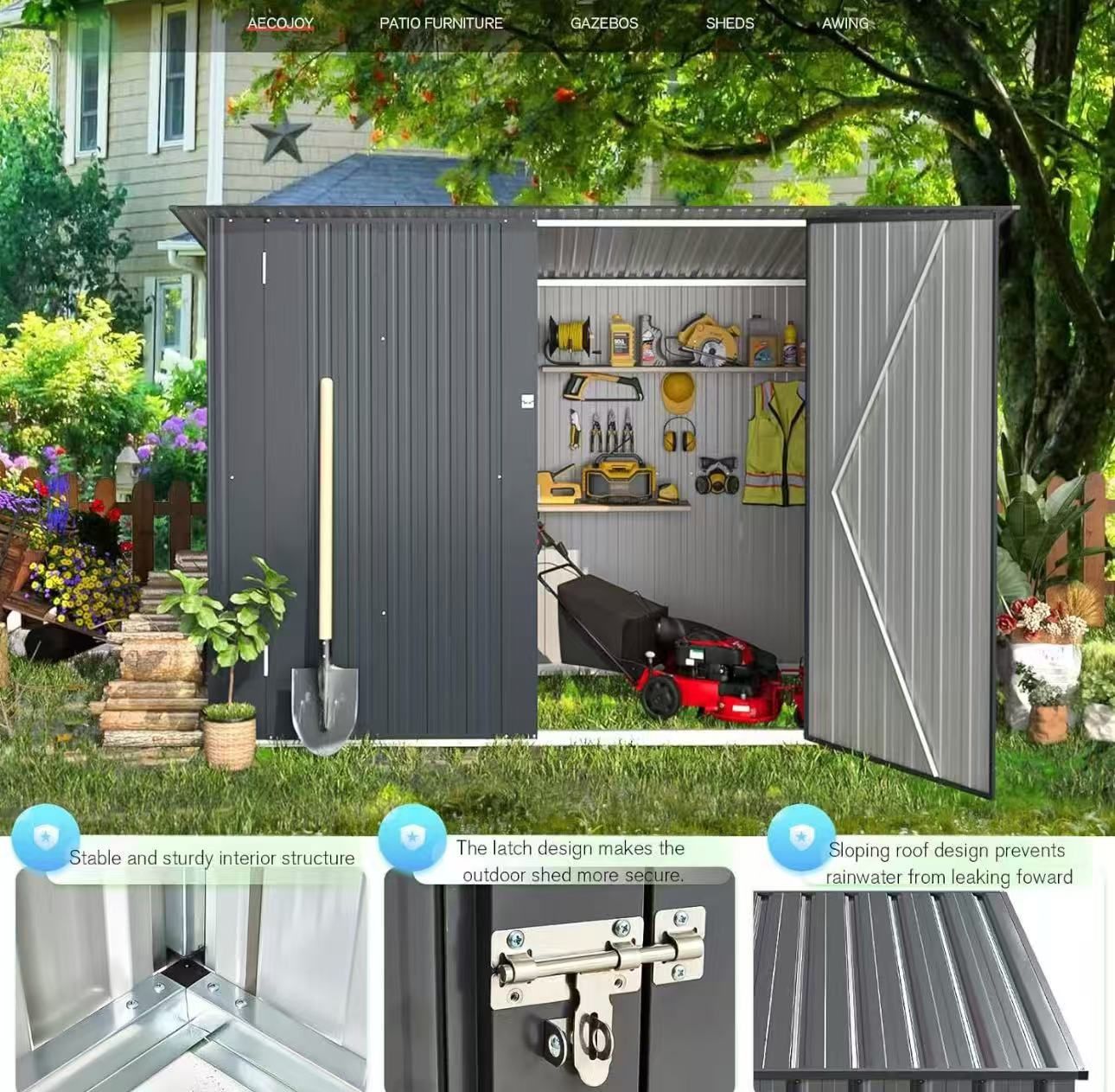 Storage Shed, 3 x 7 Ft Horizontal Bike Sheds & Outdoor Storage