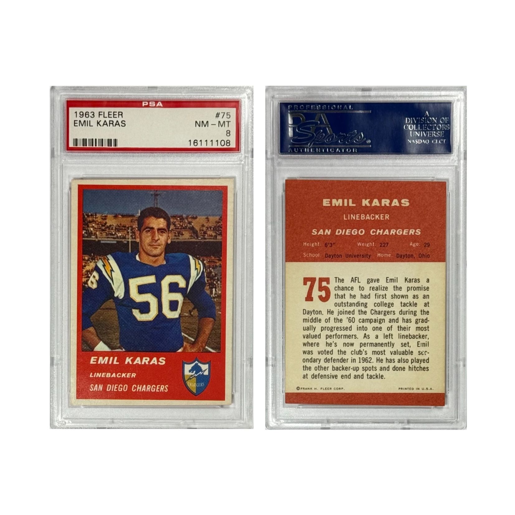 Emil Karas 1963 Fleer #75 PSA 8 (NM-MT) Football Card