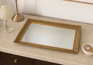 Vintage Mid Century Hollywood Regency Mirrored Vanity Tray Brass Embossed Trim