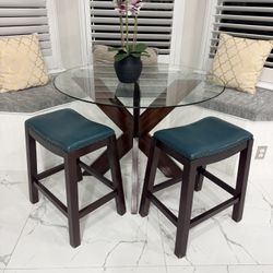 Glass Top Table and 2 Teal Stools