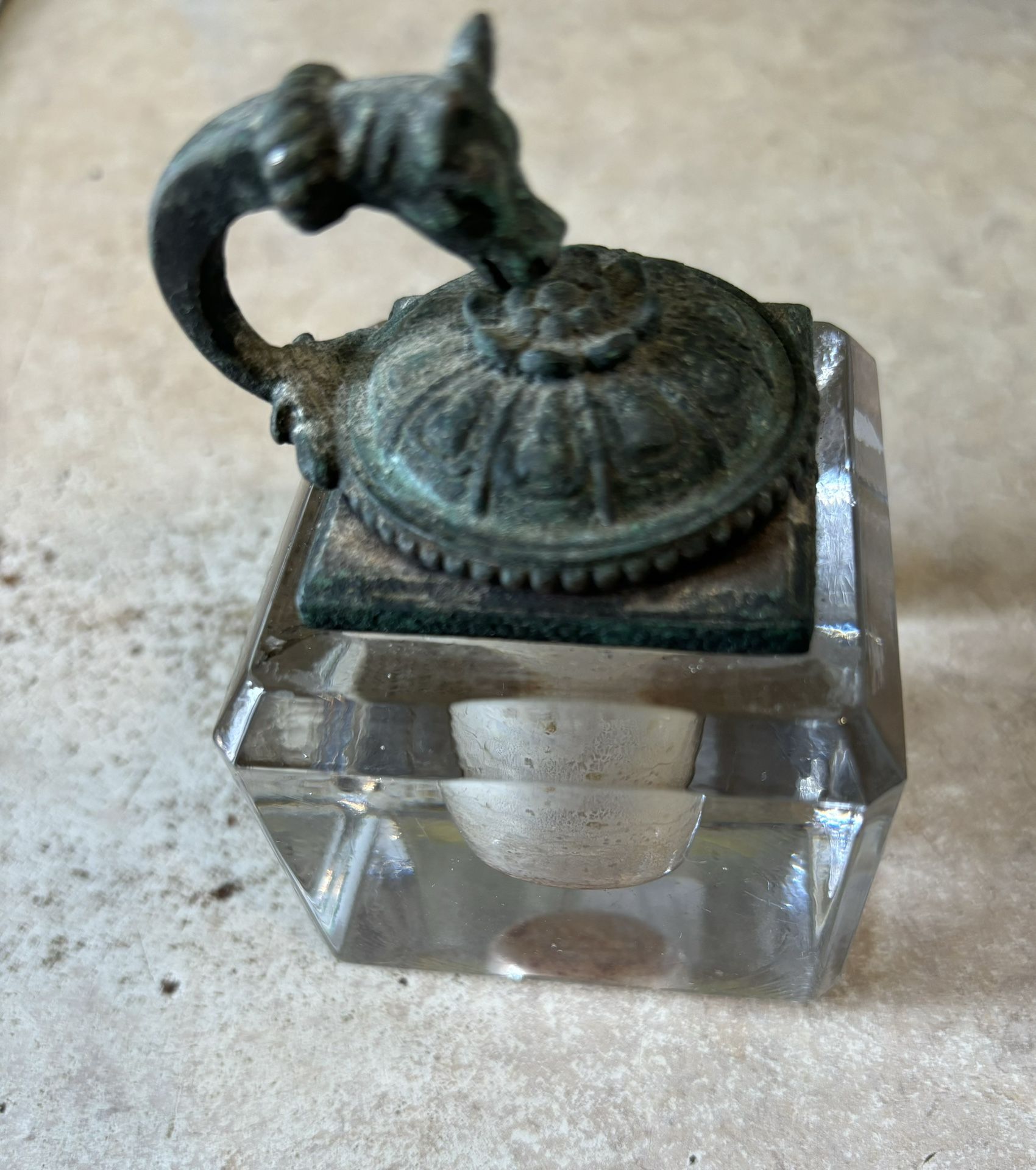 Antique/vintage Square Beveled Crystal/glass Inkwell