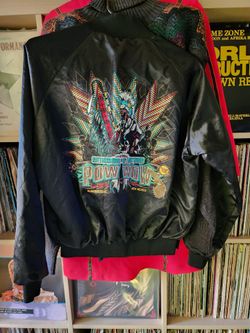 vintage black satin bomber jacket Gathering of the Nation's Pow Wow Albuquerque Mexico Brand ASW Made In USA Size Approximately Small to Medium