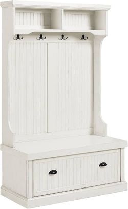 Crosley Furniture Seaside Hall Tree, Shoe Rack Bench Shoe Rack Bench and Hooks for Hanging, Mudroom and Entryway Storage, Distressed White