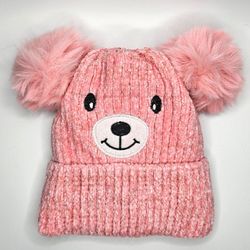 NEW Pink Kids Teddy Bear Knit Pom Pom Beanie Sherpa Lined Soft & Warm Winter Hat Gift