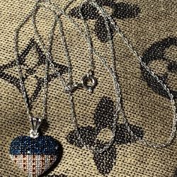 Multicolor Diamond Patriotic Heart Pendant 18” Sterling Silver Necklace 