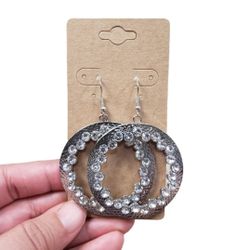 Silver Toned Round Bling Drop Earrings