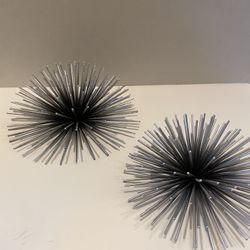 MCM metal Sea Urchin  sunburst silver & black wall hangings. Set of two. 6.5 inch & 5.5 inches.