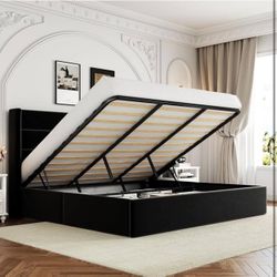 King Size Velvet Lift Up Storage Bed, Modern Wingback Headboard X-11