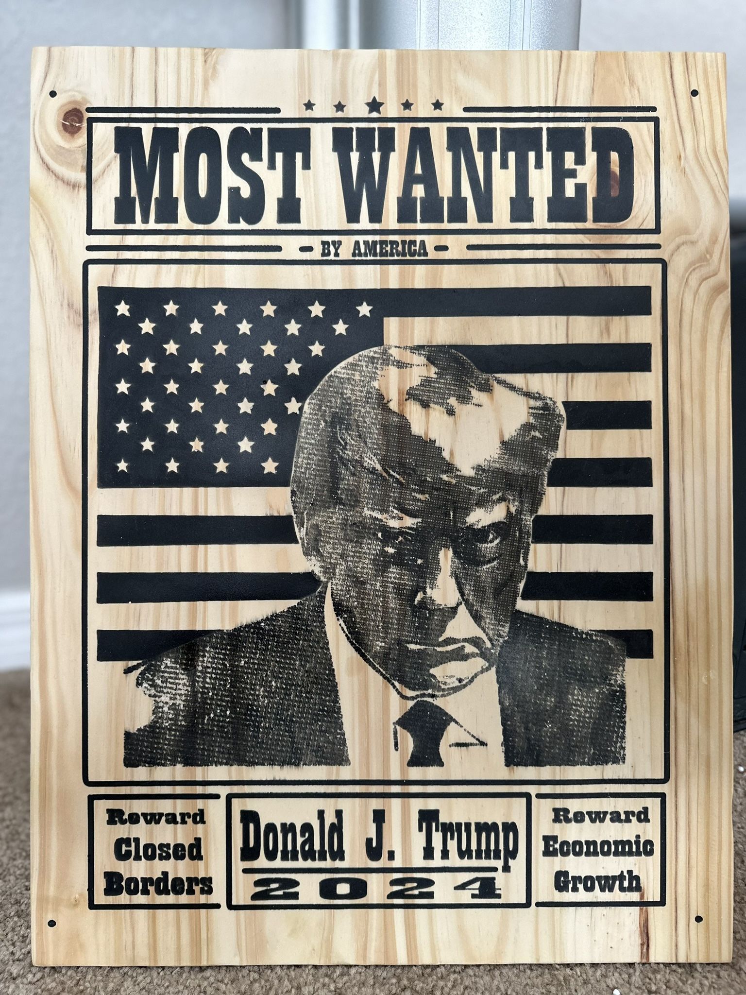 Trump Most Wanted, USA, America wooden poster. made with pine wood and resin.