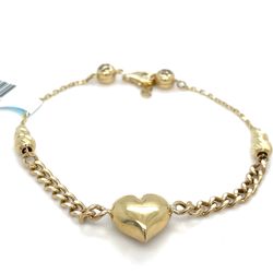 14Kt Yellow Gold 7.5” Puff Heart Cuban Style Bracelet 4.33g 199463