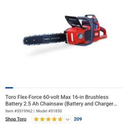 BRAND NEW ‼️ Toro Flex-Force 60-volt Max 16-in Brushless Battery 2.5 Ah Chainsaw (Battery and Charger 
