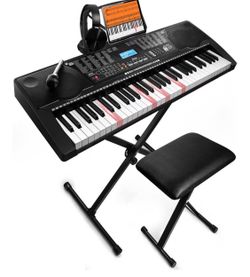 61 Key Portable Electronic Keyboard Piano w/Lighted Full Size Keys, LCD, Headphones, X-Stand, Stool, Music Rest, Microphone, Note Stickers, Built-In S