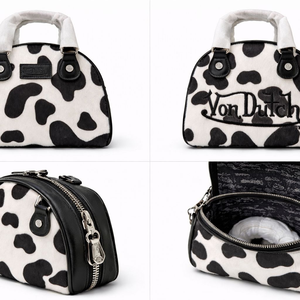 Von Dutch Cow Print Mini Handbag Black White Y2K New With Tags / Bolsa Mini Von Dutch Estampado Vaca Blanco Negro Y2K Nueva Con Etiquetas