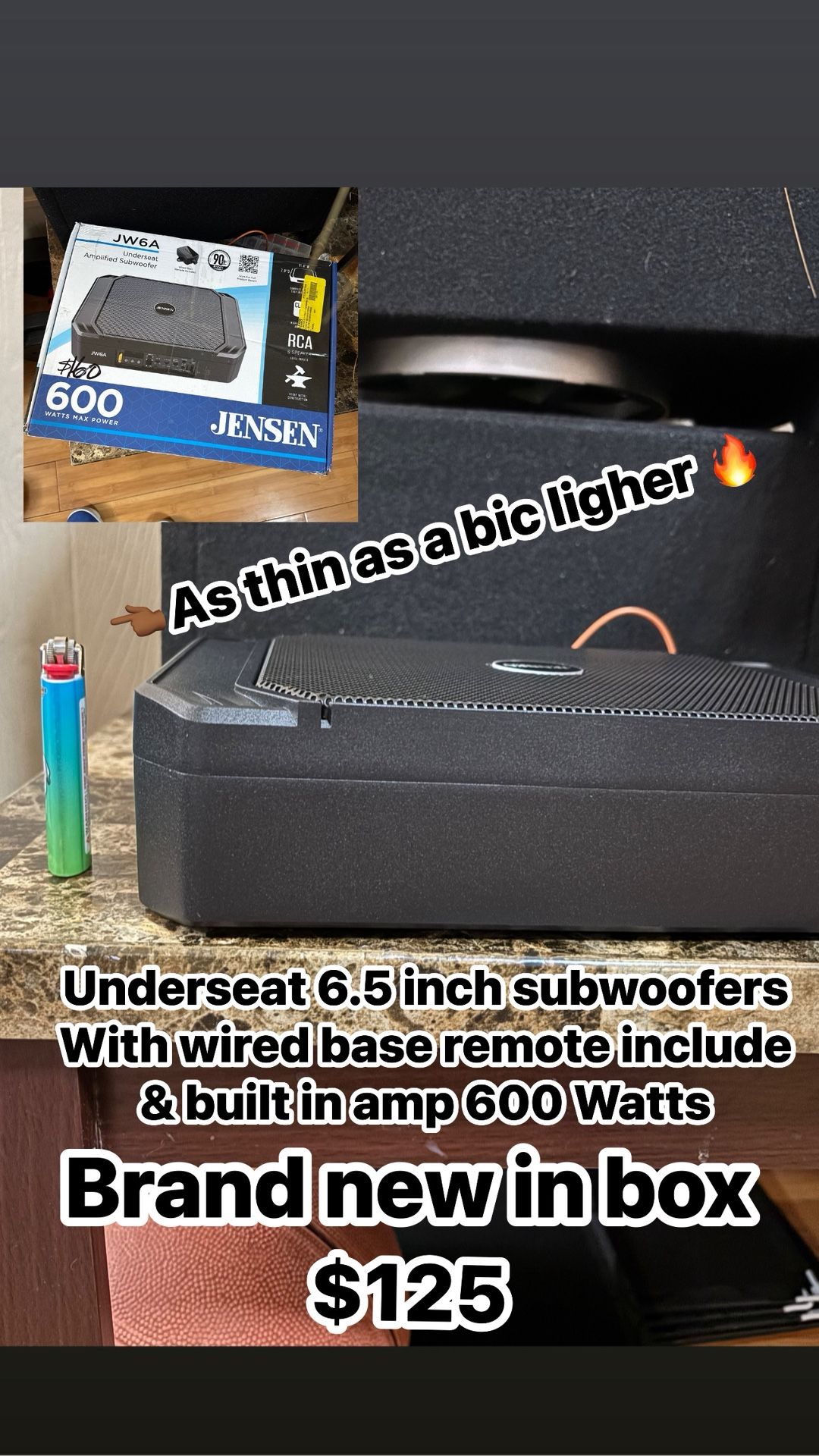 6.5” Underseat Subwoofer With Base Remote Built In Amp 600 Watts 