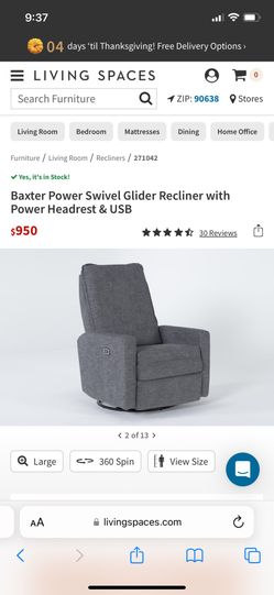 Baxter Power Swivel Glider Recliner with Power Headrest & USB