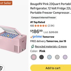 BRAND NEW BougeRV Pink 23Quart Portable Refrigerator, 12 Volt Fridge 22L, Portable Freezer Compressor Cooler 12/24V DC 110~240 Volt AC for Truck Van R