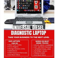 Universal Diesel Diagnostics Laptop
Truck Scanner.
Panasonic CF-31 Toughbook 
8gb ram,512gb SSD, win 10 