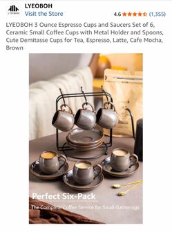LYEOBOH 3 Ounce Espresso Cups and Saucers Set of 6, Ceramic Small Coffee Cups with Metal Holder and Spoons, Cute Demitasse Cups for Tea, Espresso, Lat