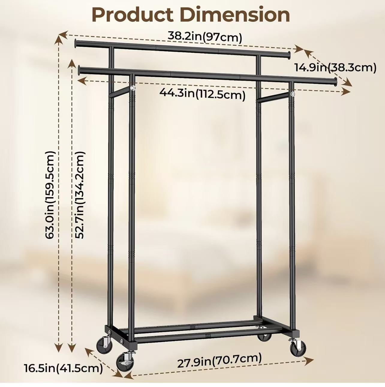 ✌️ Double Rods Clothes Rack, Rolling Clothing Rack for Hanging Clothes Portable Wardrobe Rack, Metal Garment Rack Sturdy Coat Rack for Bedroom Laundry