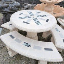 Concrete Mosaic Picnic Table with 3 Benches/ Outdoor Patio Furniture