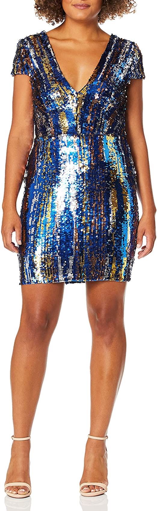 Brand New Dress the Population Women's Zoe Plunging Sequin Mini Dress, Cobalt Multi, Size: Small