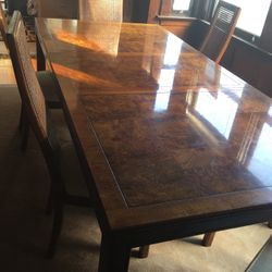 Dining Room Set 66” Henredon oak Ang Olive Burl Table With 2x33” Leaf 4 Door China Cabinet With Lights 6 Chairs Buffet Table