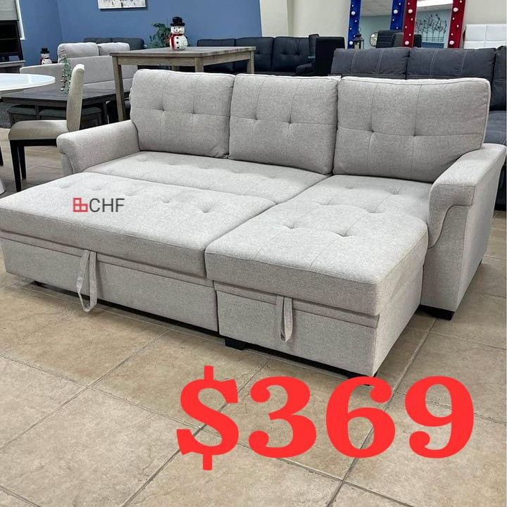 84"W Light Gray Linen Reversible Sleeper Sectional Sofa with Storage Chaise  84"W X 54"D X 35"H